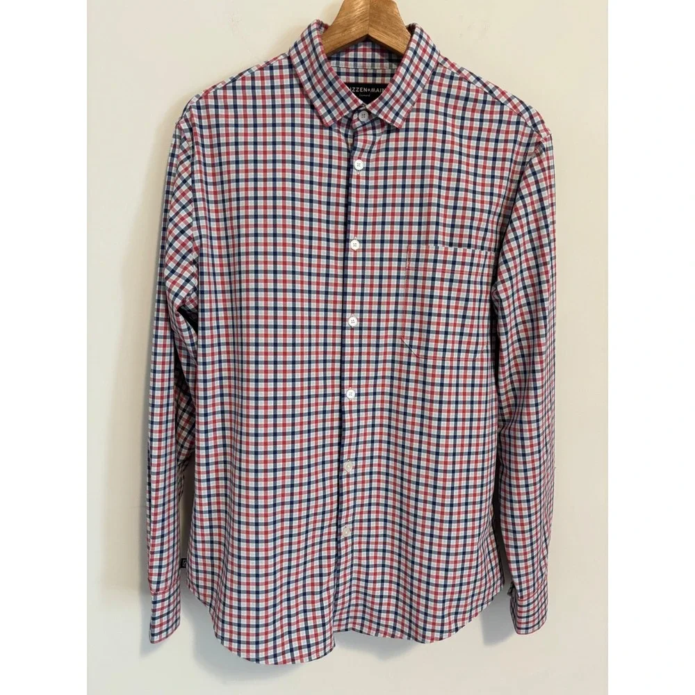 Mizzen + Main Leeward Trim No Tuck Shirt Mens Medium Red Blue Check Performance